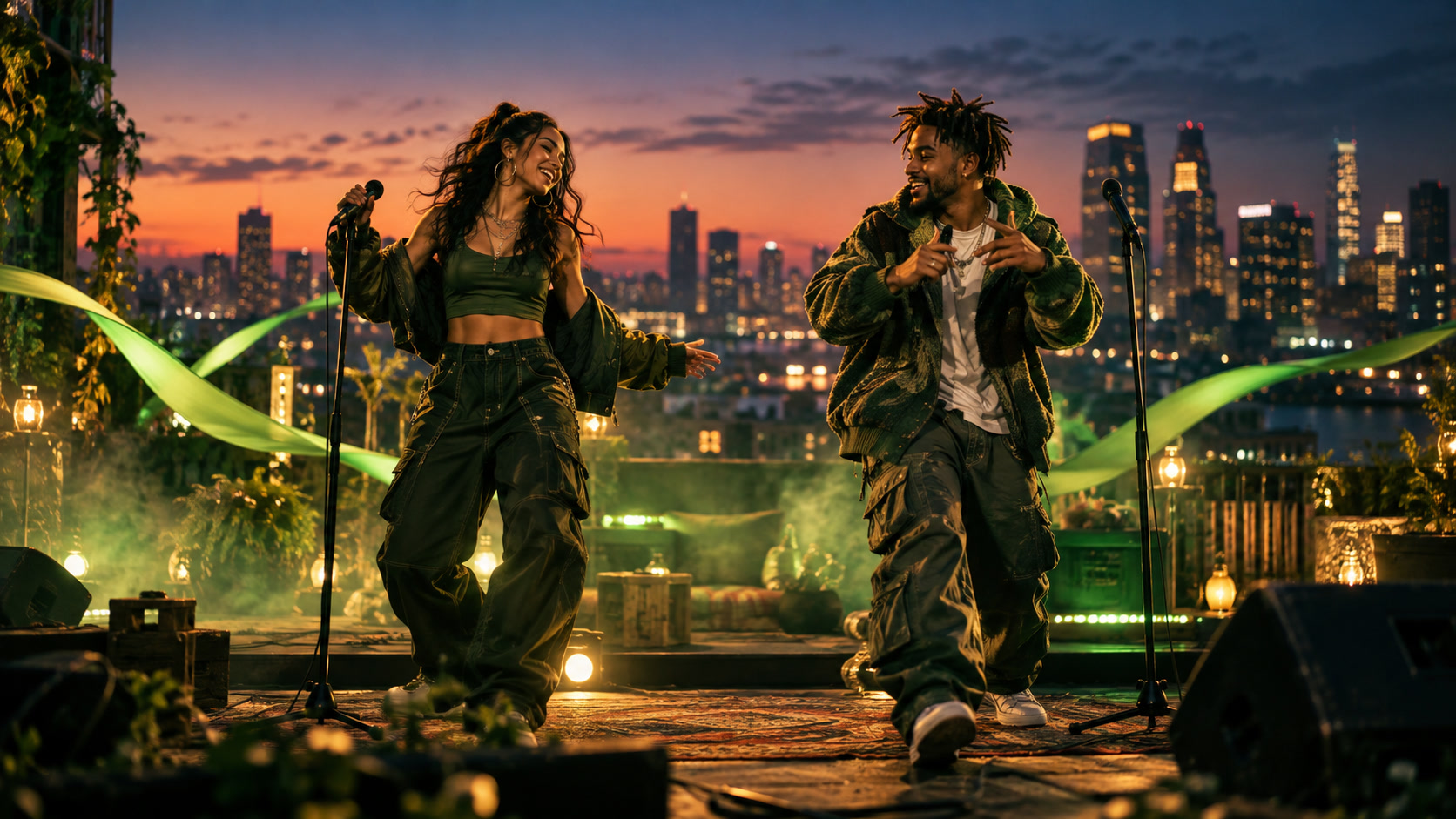 Dos artistas ensayan en un escenario en una azotea al atardecer