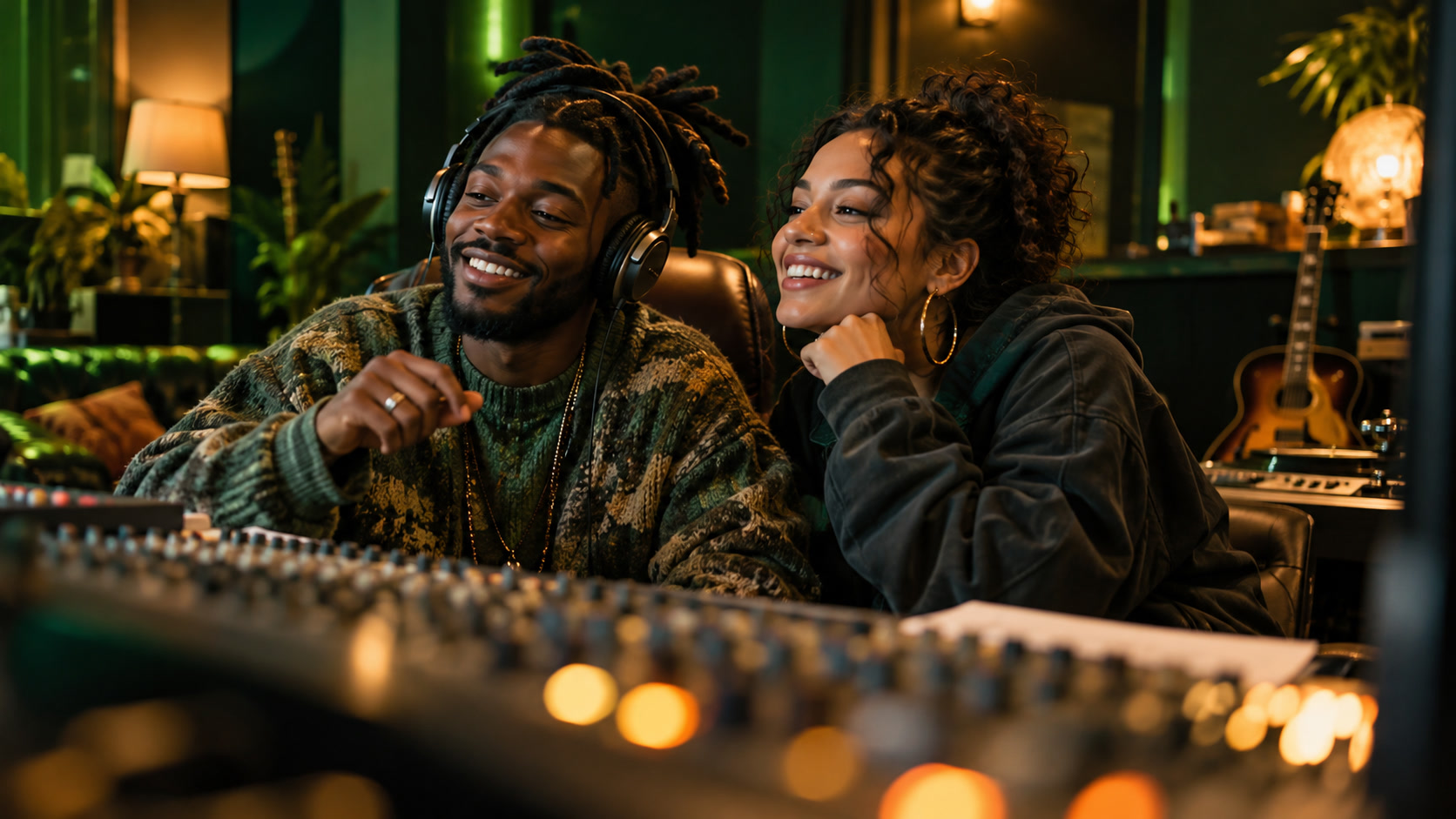 Dos creadores musicales escuchan juntos frente a una mesa de mezclas en el estudio